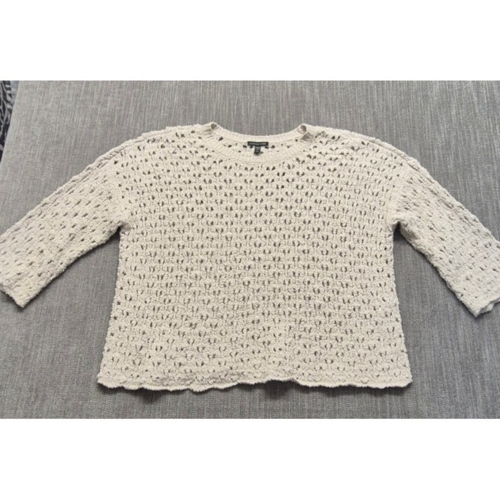 Eileen Fisher open stitch organic cotton blend sweater white LG bracelet sleeves